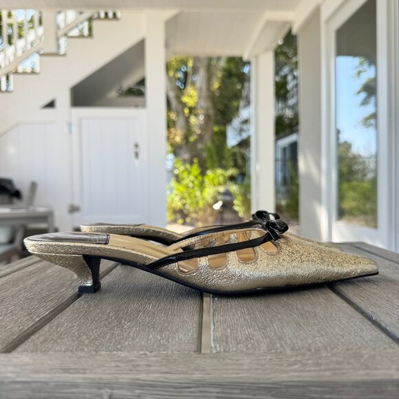 New Jeffrey Campbell Solitude Pointed Kitten Heels Mules Gold Black Womens 6.5 - Picture 16 of 16